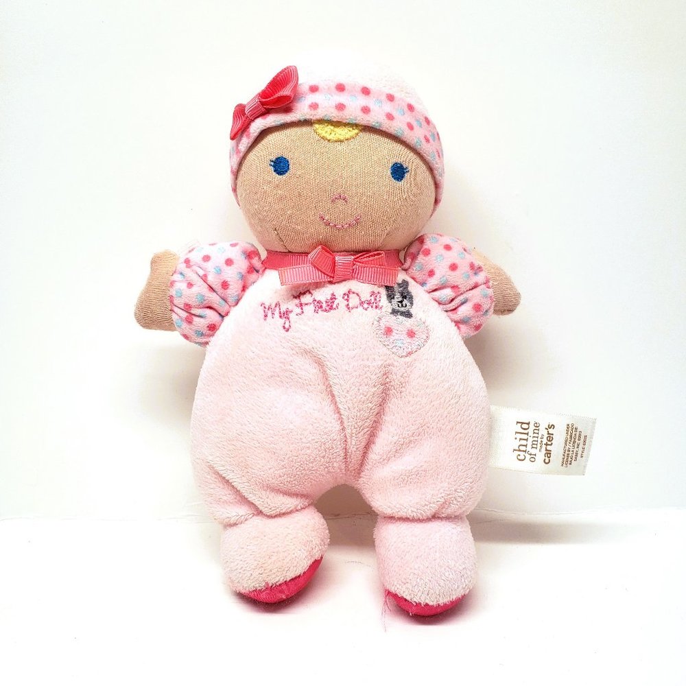 Carters Child Of Mine Pink Plush Blonde Blue Eyes My First Doll Rattle Heart Dog